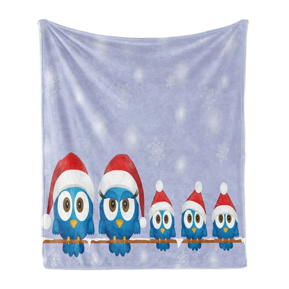 Christmas Soft Flannel Fleece Throw Blanket, Bird Family with Santa Hats on Electricity Wire Winter Holiday Humorous Design, Cozy Plush for Indoor and Outdoor Use, 70" x 90", Blue Red, by Ambesonne