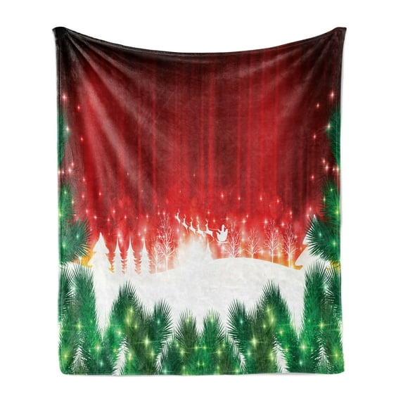 Christmas Soft Flannel Fleece Throw Blanket, Blurry Xmas Carol Background Santa Fir Rudolph Annual Festival Image, Cozy Plush for Indoor and Outdoor Use, 50" x 70", Red Green White, by Ambesonne