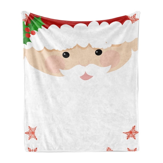 Christmas Soft Flannel Fleece Throw Blanket, Cartoon Face of Santa with Pink Cheeks White Beard and Mistletoe on His Hat, Cozy Plush for Indoor and Outdoor Use, 60" x 80", Multicolor, by Ambesonne