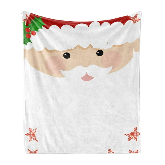 Christmas Soft Flannel Fleece Throw Blanket, Cartoon Face of Santa with Pink Cheeks White Beard and Mistletoe on His Hat, Cozy Plush for Indoor and Outdoor Use, 50" x 70", Multicolor, by Ambesonne