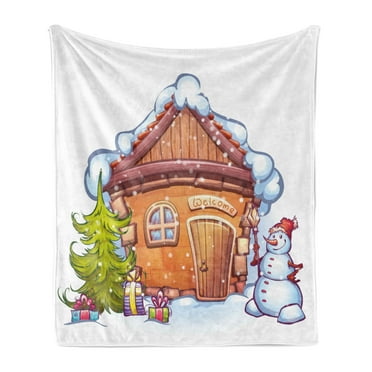 Christmas Soft Flannel Fleece Throw Blanket, Cartoon Style House with Snowy Roof Snowman and Fir Tree Presents, Cozy Plush for Indoor and Outdoor Use, 60" x 80", Caramel Green White, by Ambesonne