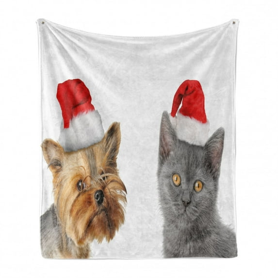 Christmas Soft Flannel Fleece Throw Blanket, Cat and Dog with Xmas Hats Domestic Pet Animals Holiday Celebration, Cozy Plush for Indoor and Outdoor Use, 70" x 90", Orange Grey Red, by Ambesonne