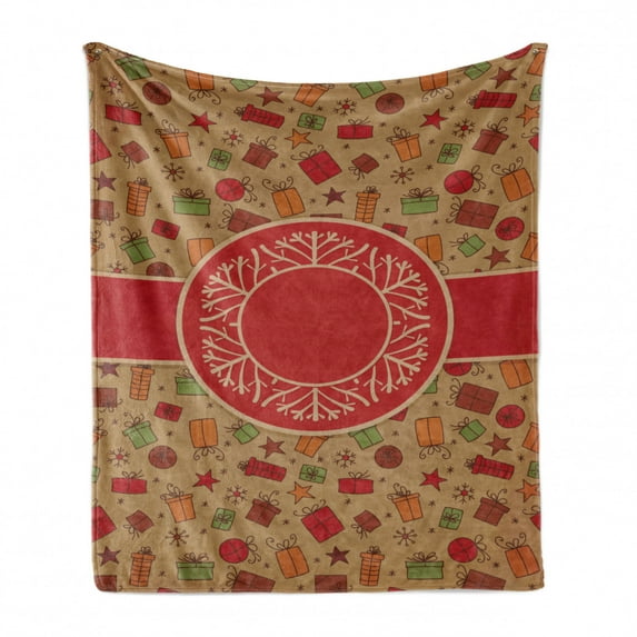 Christmas Soft Flannel Fleece Throw Blanket, Celebration Card Inspired Vintage Old Design Presents Baubles and Snowflakes, Cozy Plush for Indoor and Outdoor Use, 50" x 60", Multicolor, by Ambesonne