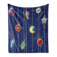 thumbnail image 1 of Christmas Soft Flannel Fleece Throw Blanket, Celebratory Object on Stripes Star Moon Candy Flower Xmas Theme Illustration, Cozy Plush for Indoor and Outdoor Use, 60" x 80", Multicolor, by Ambesonne, 1 of 5