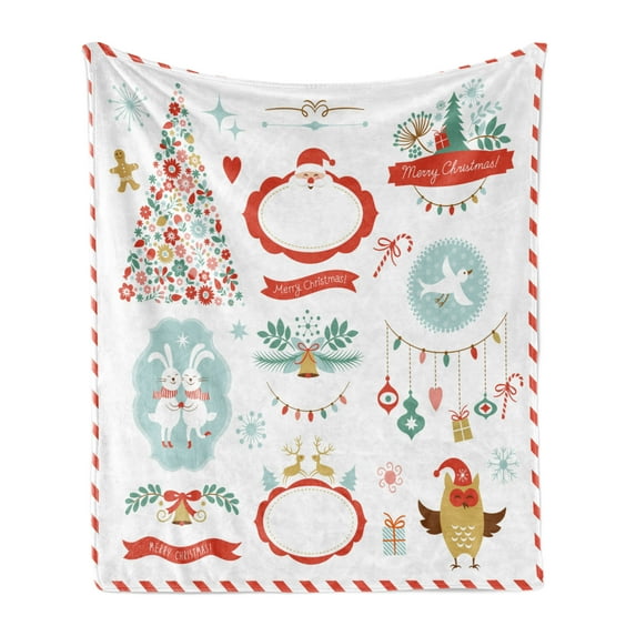 Christmas Soft Flannel Fleece Throw Blanket, Cheerful Celebration of Yuletide Theme with Pastel Seasonal Graphic Elements, Cozy Plush for Indoor and Outdoor Use, 60" x 80", Multicolor, by Ambesonne
