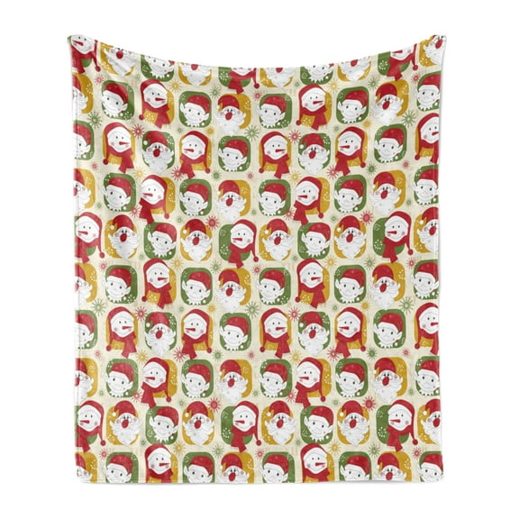 Christmas Soft Flannel Fleece Throw Blanket, Cheerful Faces of the New Year Santa Claus Snowman and Elves in Red Party Hats, Cozy Plush for Indoor and Outdoor Use, 50" x 70", Multicolor, by Ambesonne