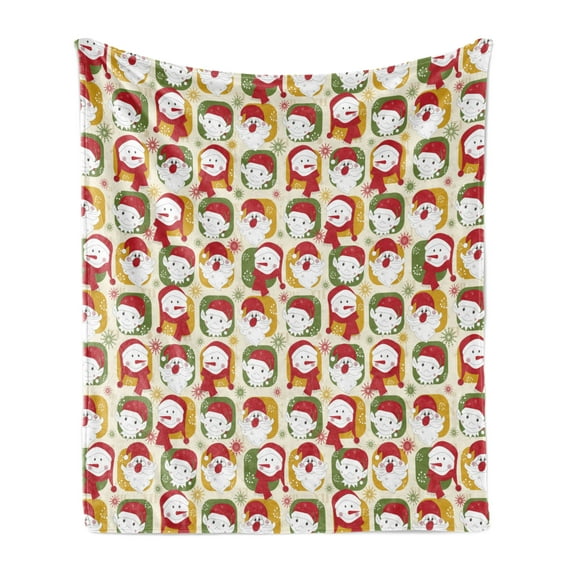 Christmas Soft Flannel Fleece Throw Blanket, Cheerful Faces of the New Year Santa Claus Snowman and Elves in Red Party Hats, Cozy Plush for Indoor and Outdoor Use, 50" x 70", Multicolor, by Ambesonne