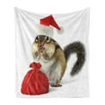 thumbnail image 1 of Christmas Soft Flannel Fleece Throw Blanket, Chipmunk in Red Santa Claus Hat and Bag with Surprise Xmas Presents, Cozy Plush for Indoor and Outdoor Use, 50" x 70", Pale Yellow White Red, by Ambesonne, 1 of 5