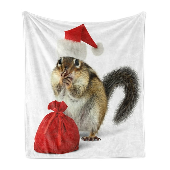 Christmas Soft Flannel Fleece Throw Blanket, Chipmunk in Red Santa Claus Hat and Bag with Surprise Xmas Presents, Cozy Plush for Indoor and Outdoor Use, 70" x 90", Pale Yellow White Red, by Ambesonne