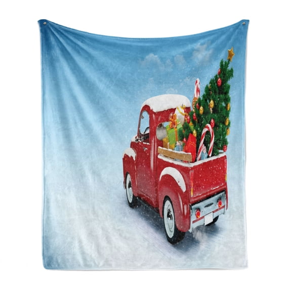 Christmas Soft Flannel Fleece Throw Blanket, Classical Pickup Truck Tree Gifts and Ornaments Snowy Winter Day Image Print, Cozy Plush for Indoor and Outdoor Use, 50" x 60", Blue Red, by Ambesonne