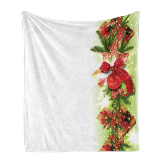 Christmas Soft Flannel Fleece Throw Blanket, Classical Ribbons Baubles Used to Festoon the Xmas Tree Winter, Cozy Plush for Indoor and Outdoor Use, 50" x 70", Apple Green Fern Green, by Ambesonne