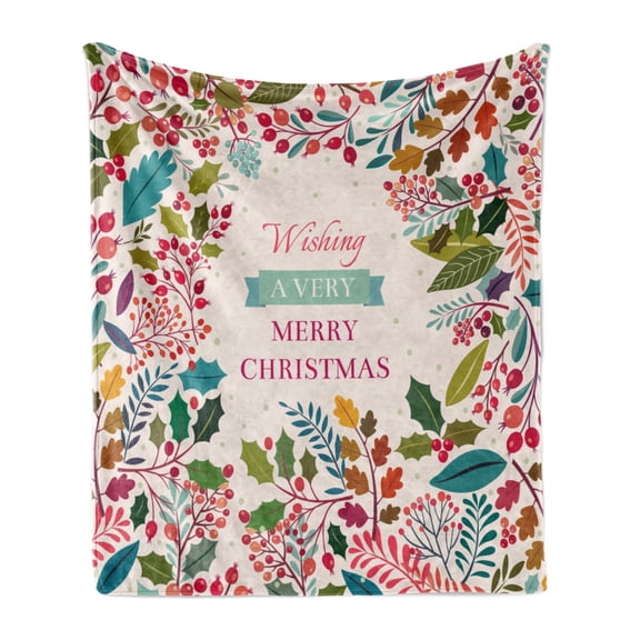 Christmas Soft Flannel Fleece Throw Blanket, Colorful Botanical Frame Form Blossoms Herbs Holly Design, Cozy Plush for Indoor and Outdoor Use, 50" x 70", Multicolor, by Ambesonne