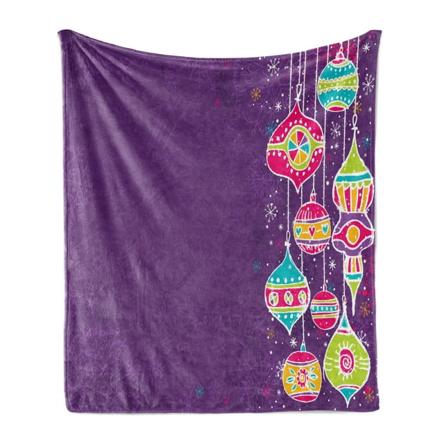Christmas Soft Flannel Fleece Throw Blanket, Colorful Childish Doodle Traditional Christmas Balls Kids Holiday Design, Cozy Plush for Indoor and Outdoor Use, 60" x 80", Multicolor, by Ambesonne