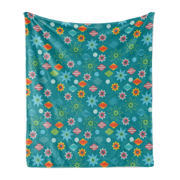 Christmas Soft Flannel Fleece Throw Blanket, Colorful Ornamental Elements and Oriental Shapes, Cozy Plush for Indoor and Outdoor Use, 70" x 90", Teal Multicolor, by Ambesonne