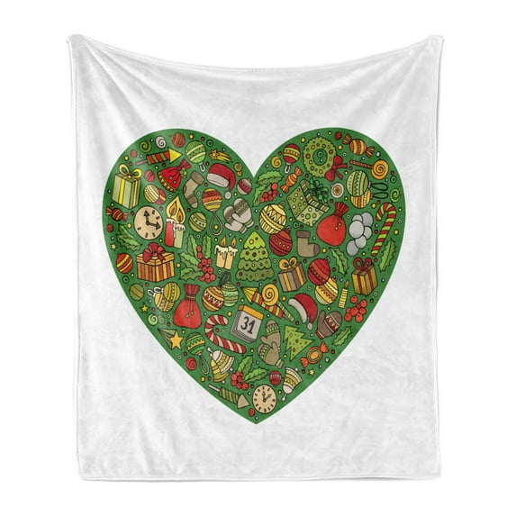 Christmas Soft Flannel Fleece Throw Blanket, Colorful Winter and Xmas Doodles in Heart Shapes on Plain Background, Cozy Plush for Indoor and Outdoor Use, 70" x 90", Green and Multicolor, by Ambesonne