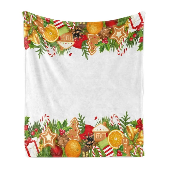 Christmas Soft Flannel Fleece Throw Blanket, Composition Gingerbread Oranges Leaves Lollipops Print, Cozy Plush for Indoor and Outdoor Use, 70" x 90", Multicolor, by Ambesonne