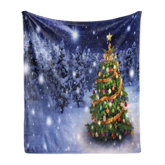 Christmas Soft Flannel Fleece Throw Blanket, Dark Starry Night with Spruce Coniferous Tree on the Field Elf Noel Yule Theme, Cozy Plush for Indoor and Outdoor Use, 50" x 60", Multicolor, by Ambesonne