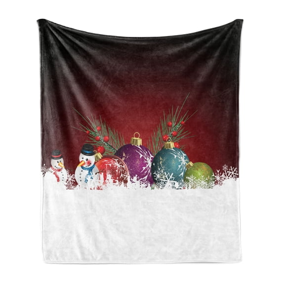 Christmas Soft Flannel Fleece Throw Blanket, Digitally Composed Xmas Pattern with Snowman with Scarf and Hat Baubles Flakes, Cozy Plush for Indoor and Outdoor Use, 60" x 80", Multicolor, by Ambesonne