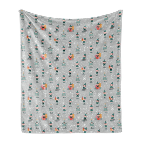Christmas Soft Flannel Fleece Throw Blanket, Elves Skiing Merry Xmas Snowflakes Tree Nursery Celebration Cartoon, Cozy Plush for Indoor and Outdoor Use, 50" x 70", Sea Green Pale Grey, by Ambesonne