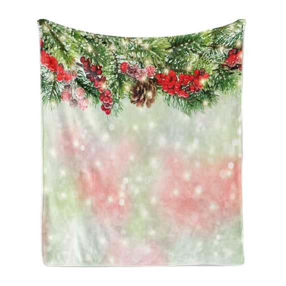 Christmas Soft Flannel Fleece Throw Blanket, Evergreen Fir Branches Red Ripe Holly Berries Blurred Backdrop Garland, Cozy Plush for Indoor and Outdoor Use, 60" x 80", Red Green Brown, by Ambesonne