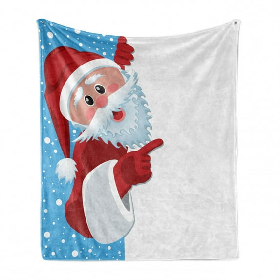 Christmas Soft Flannel Fleece Throw Blanket, Father Christmas Happy Illustration Winter Snow Season Elements, Cozy Plush for Indoor and Outdoor Use, 50" x 60", Vermilion Blue White, by Ambesonne