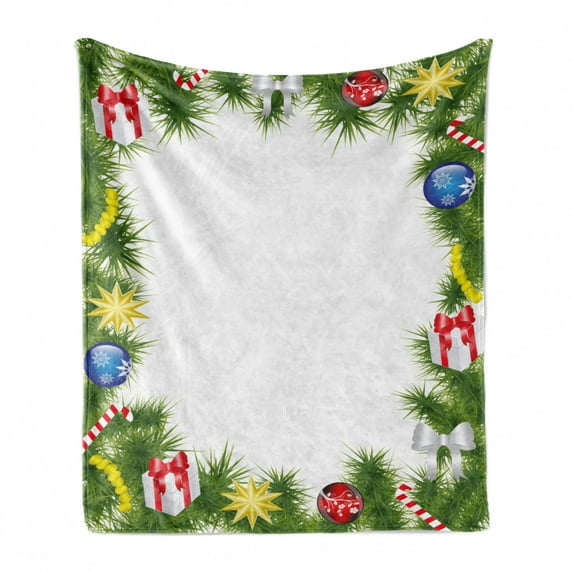Christmas Soft Flannel Fleece Throw Blanket, Fir Branches Square Framework Xmas Noel Celebration in Vibrant Colors, Cozy Plush for Indoor and Outdoor Use, 70" x 90", Multicolor, by Ambesonne