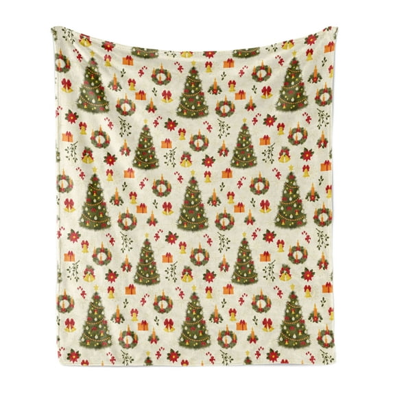 Christmas Soft Flannel Fleece Throw Blanket, Fir Tree Garland and Bells Ornaments Xmas Themed Cartoon Seasonal Holiday, Cozy Plush for Indoor and Outdoor Use, 60" x 80", Multicolor, by Ambesonne