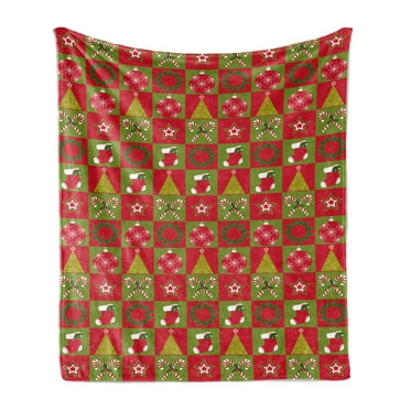 Christmas Soft Flannel Fleece Throw Blanket, Fireplace Socks for Surprise Stars Ornaments Triangle Pines Image, Cozy Plush for Indoor and Outdoor Use, 50" x 60", Olive Green White, by Ambesonne