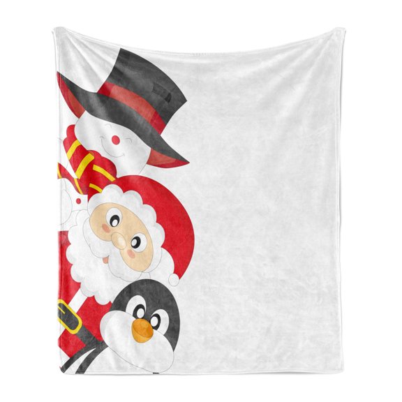 Christmas Soft Flannel Fleece Throw Blanket, Friendly Happy Santa Claus Penguin Snowman Holiday Design, Cozy Plush for Indoor and Outdoor Use, 70" x 90", Charcoal Grey Red White, by Ambesonne