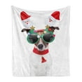 thumbnail image 1 of Christmas Soft Flannel Fleece Throw Blanket, Funny Puppy Jack Russel Dog Hilarious Sunglasses Santa and Bell, Cozy Plush for Indoor and Outdoor Use, 60" x 80", Multicolor, by Ambesonne, 1 of 5