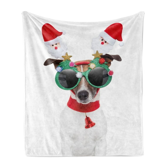 Christmas Soft Flannel Fleece Throw Blanket, Funny Puppy Jack Russel Dog Hilarious Sunglasses Santa and Bell, Cozy Plush for Indoor and Outdoor Use, 60" x 80", Multicolor, by Ambesonne