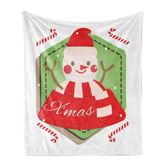 Christmas Soft Flannel Fleece Throw Blanket, Funny Simple Santa Snowman with X'mas Lettering and Candy Canes, Cozy Plush for Indoor and Outdoor Use, 50" x 60", Pistachio Green Vermilion, by Ambesonne