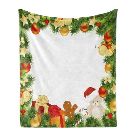 Christmas Soft Flannel Fleece Throw Blanket, Garland Frame Design with Evergreen Fir Tree Bear Toy and Gingerbread Man, Cozy Plush for Indoor and Outdoor Use, 60" x 80", Multicolor, by Ambesonne