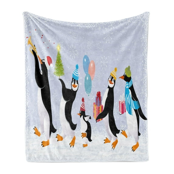 Christmas Soft Flannel Fleece Throw Blanket, Group of Penguins in Caps Walking on Snow with Surprise Christmas Presents, Cozy Plush for Indoor and Outdoor Use, 70" x 90", Multicolor, by Ambesonne