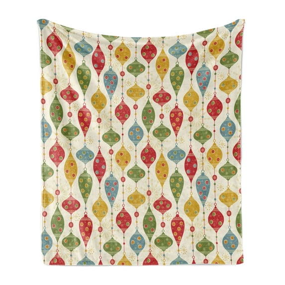 Christmas Soft Flannel Fleece Throw Blanket, Hanging Balls in Different Shapes and Colors Designed with Abstract Snowflakes, Cozy Plush for Indoor and Outdoor Use, 50" x 70", Multicolor, by Ambesonne