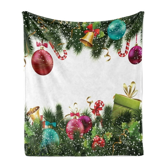 Christmas Soft Flannel Fleece Throw Blanket, Happy New Year Greeting Celebrations with Holly Garland Design, Cozy Plush for Indoor and Outdoor Use, 50" x 60", Green Maroon, by Ambesonne