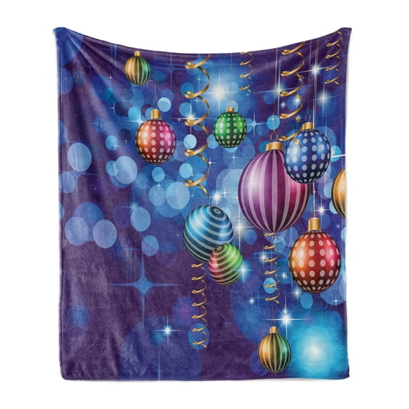 Christmas Soft Flannel Fleece Throw Blanket, Happy New Year Party Celebrations Swirling Ornaments and Balls Print, Cozy Plush for Indoor and Outdoor Use, 60" x 80", Multicolor, by Ambesonne