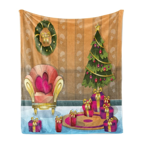 Christmas Soft Flannel Fleece Throw Blanket, Happy Noel Themed Cartoon of Room with Seat Flourish Tree and Gift Boxes, Cozy Plush for Indoor and Outdoor Use, 60" x 80", Multicolor, by Ambesonne