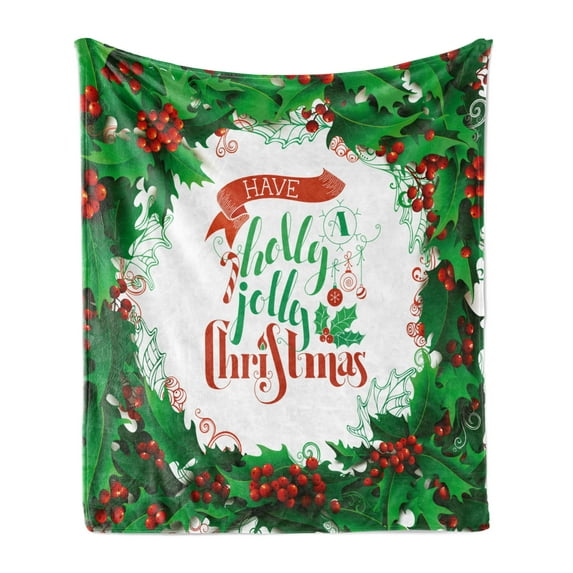 Christmas Soft Flannel Fleece Throw Blanket, Have a Happy Jolly Xmas Lettering Red Berries Framework Print, Cozy Plush for Indoor and Outdoor Use, 50" x 60", Green Red and White, by Ambesonne