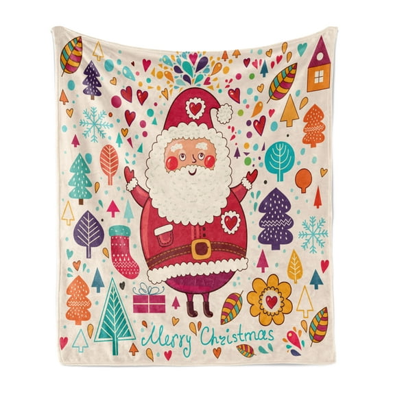 Christmas Soft Flannel Fleece Throw Blanket, Jolly Santa Theme Vintage Style New Year Tree Leaves Hearts in Autumn Colors, Cozy Plush for Indoor and Outdoor Use, 70" x 90", Multicolor, by Ambesonne