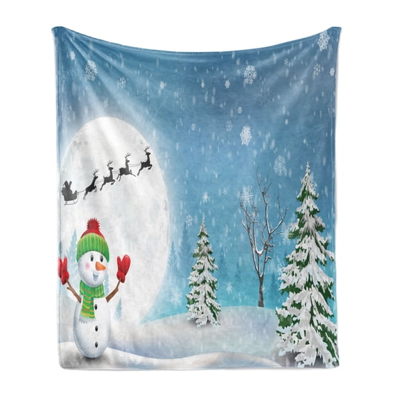Christmas Soft Flannel Fleece Throw Blanket, Jolly Snowman Under Full Moon Waving to Santa Claus with Reindeer Sleigh Kids, Cozy Plush for Indoor and Outdoor Use, 60" x 80", White Blue, by Ambesonne