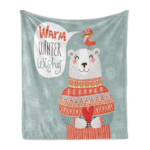 Christmas Soft Flannel Fleece Throw Blanket, Little Bird Says Warm Winter Wishes on a Bear in a Xmas Sweater, Cozy Plush for Indoor and Outdoor Use, 60" x 80", Blue Grey and Dark Salmon, by Ambesonne