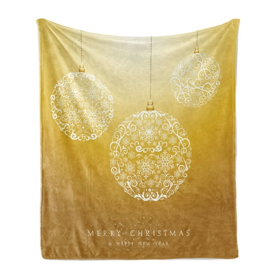 Christmas Soft Flannel Fleece Throw Blanket, Merry Xmas Round Baubles Hanging in the Air Advent Season Feelings Day Art Print, Cozy Plush for Indoor and Outdoor Use, 50" x 70", Mustard, by Ambesonne