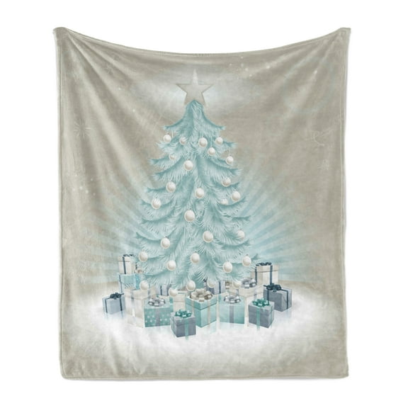 Christmas Soft Flannel Fleece Throw Blanket, Merry Xmas Themed Fir Tree with Ornate Tree Topper and Baubles, Cozy Plush for Indoor and Outdoor Use, 50" x 60", Mint Green Slate Blue, by Ambesonne