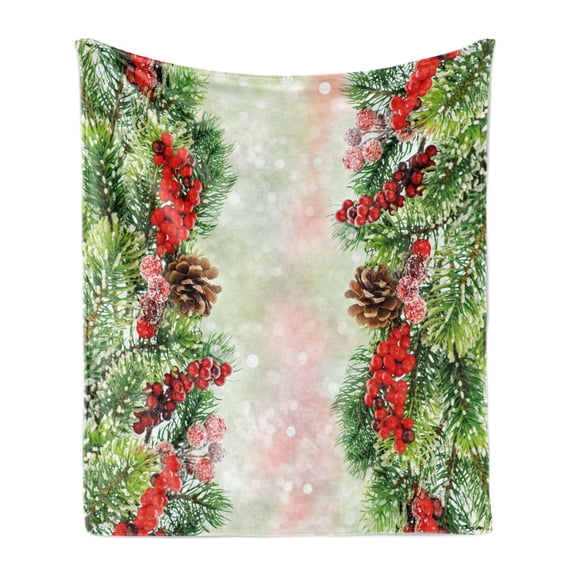 Christmas Soft Flannel Fleece Throw Blanket, Natural Vivid Tree Branch with Red Holly Berries on Blurred Snowy Background, Cozy Plush for Indoor and Outdoor Use, 60" x 80", Multicolor, by Ambesonne