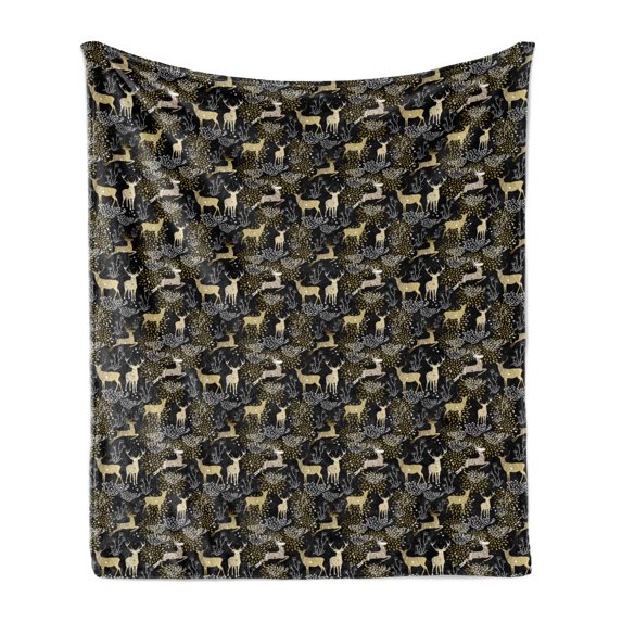 Christmas Soft Flannel Fleece Throw Blanket, Nature Woodland and Deer Silhouettes with Oriental Ornaments Design, Cozy Plush for Indoor and Outdoor Use, 70" x 90", Yellow White Black, by Ambesonne