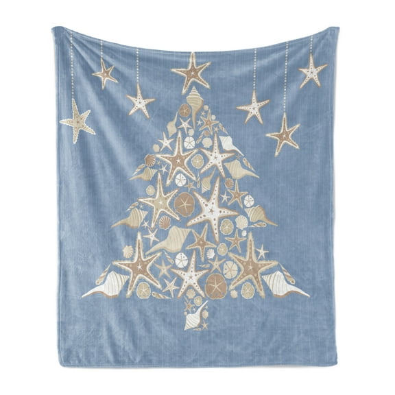 Christmas Soft Flannel Fleece Throw Blanket, Nautical Elements Sea Life Theme with Noel Tree Winter Season, Cozy Plush for Indoor and Outdoor Use, 60" x 80", Beige Cream, by Ambesonne