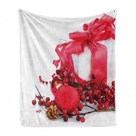 Christmas Soft Flannel Fleece Throw Blanket, New Year Box with Berries Pine Cones Baubles End of the Year Theme, Cozy Plush for Indoor and Outdoor Use, 50" x 60", Dark Coral and White, by Ambesonne