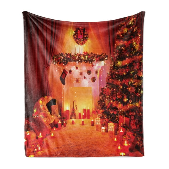 Christmas Soft Flannel Fleece Throw Blanket, Noel Room Design Bunch of Holly Yule Objects Fantasy Eve Ornate Illustration, Cozy Plush for Indoor and Outdoor Use, 60" x 80", Orange, by Ambesonne
