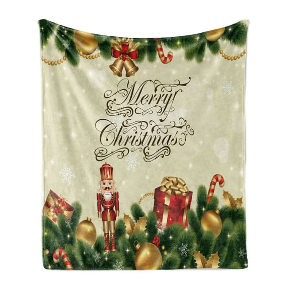 Christmas Soft Flannel Fleece Throw Blanket, Noel Season Ornaments with Birch Branch Ribbons Bells Candy Canes Art Image, Cozy Plush for Indoor and Outdoor Use, 50" x 70", Multicolor, by Ambesonne